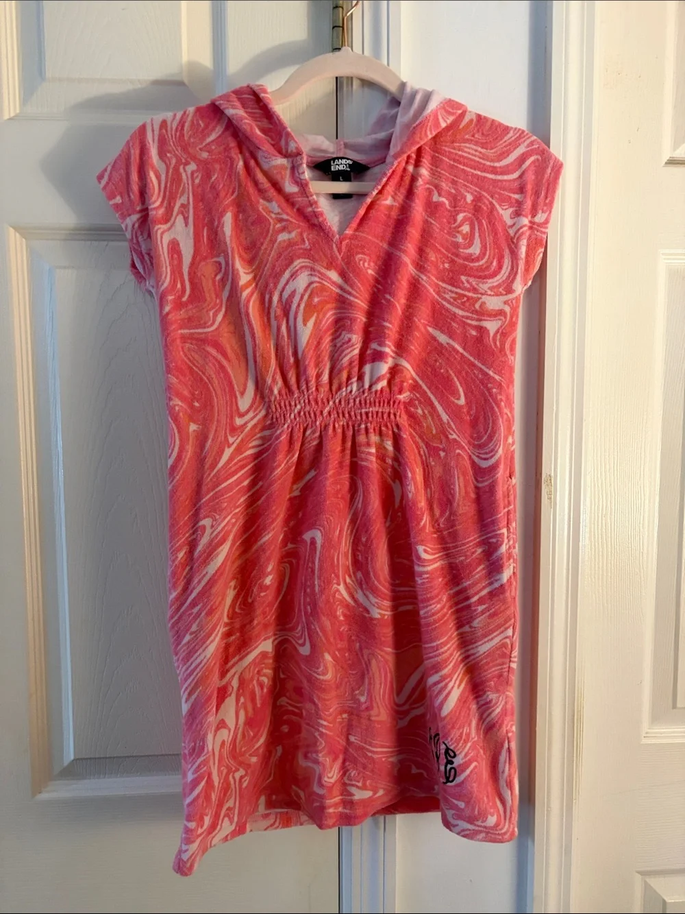 Lands' End Girls' Coral Swirl Hooded Swim Cover-up Dress Monogram R